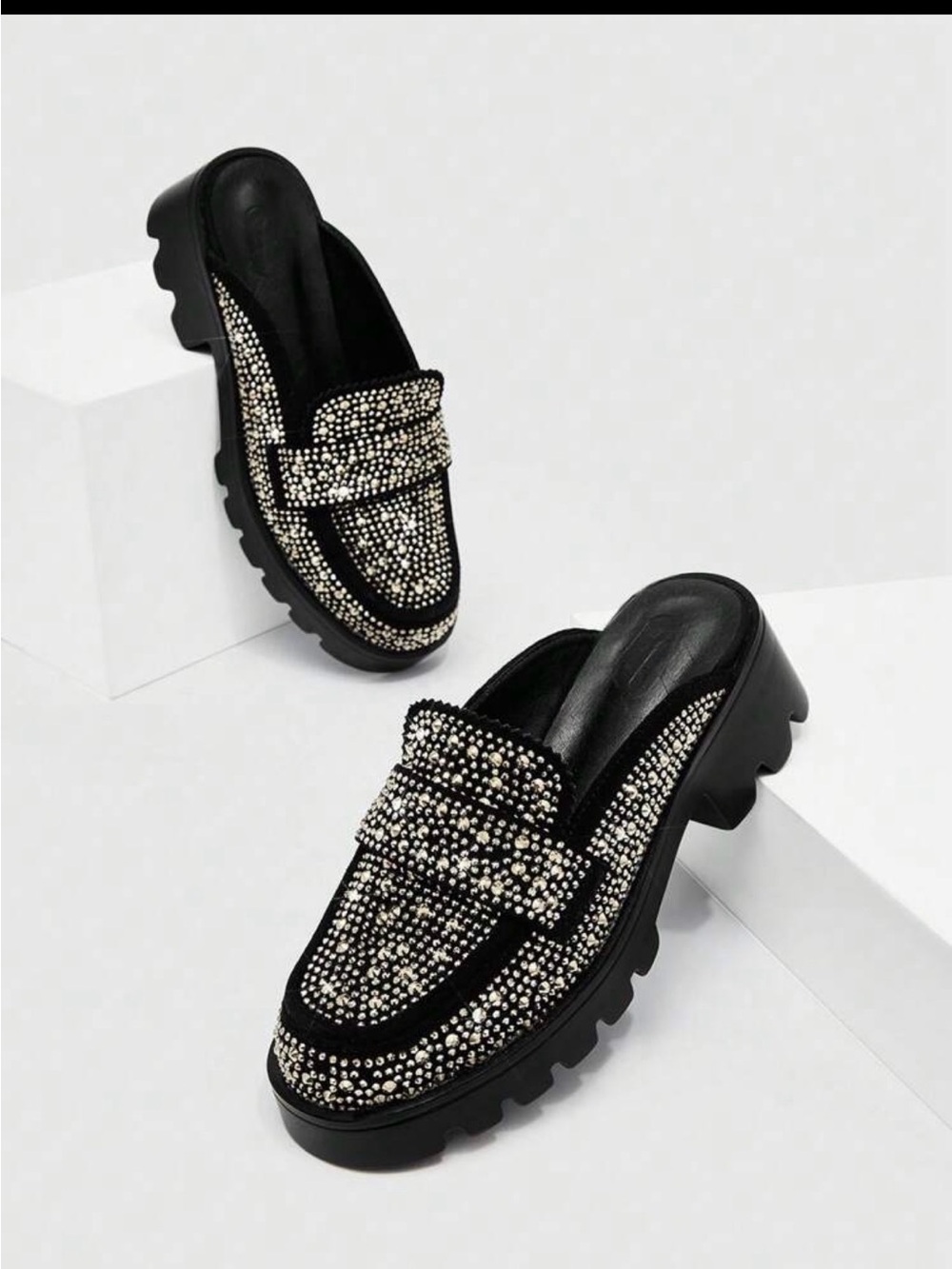 SHEIN Black Crystal-Embellished Slip-On Clog Mules